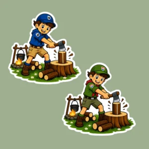 Spejder hugger brænde klistermærke - Grøn spejder og blå spejder hugger brænde
